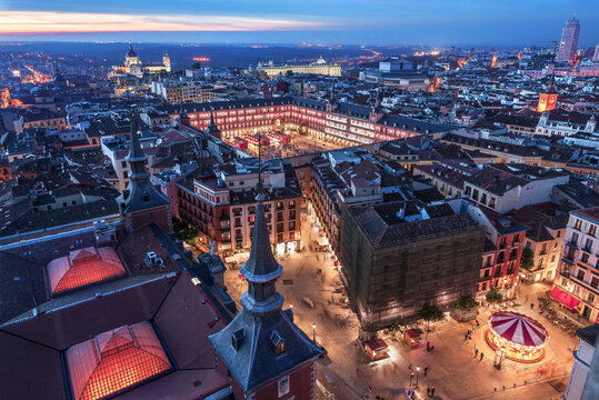 Aerial View of Plaza Mayor at night in Madrid