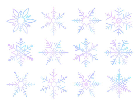 Set snowflakes hand drawn. Cute neon snow isolated on white background. Collection drawing ice crystal for design winter print. Hands drawn snowflakes isolated on whit background. Vector illustration
