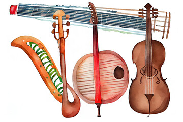 Banner of latin musical instruments watercolor illustration isolated. Generative Ai - obrazy, fototapety, plakaty