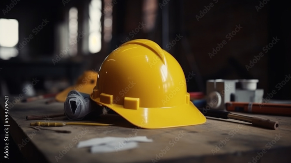 Wall mural Construction team planning, Yellow safety helmet on the office desk with contract Generative AI