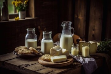 Fototapeta na wymiar milk, cheese, cottage cheese on wooden table