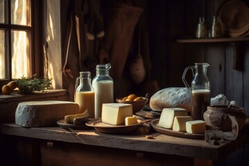 milk, cheese, cottage cheese on wooden table
