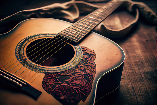 Wooden Guitar macro shoot Ukulele, photo. Generative Ai