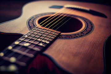 Fototapeta premium Glossy polished acoustic classic guitar on stand, isolated on a white background. Generative Ai