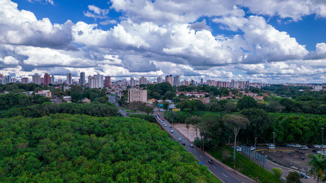 Aerial view of the city of Piracicaba, in Sao Paulo, Brazil. Piracicaba River with trees, houses and offices