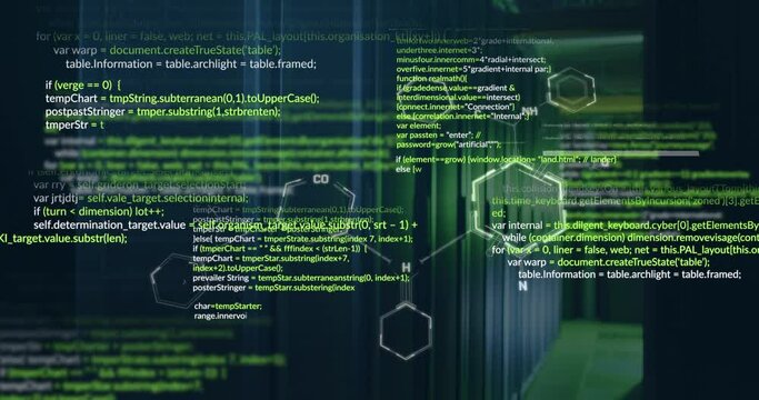 Animation of data processing and chemical structures against computer server room - Powered by Adobe