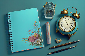 Amazing Stationery layout on a blue background a notebook. Generative Ai
