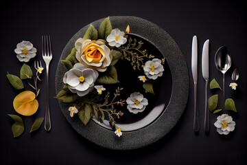 Obraz na płótnie Canvas Stylish table setting at restaurant. fancy plates and tender flowers. Generative Ai