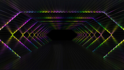 Neon Laser Colorful Led Lights Sci Fi Futuristic Modern Spaceship Dark Tunnel Corridor Hangar Garage Metal Glossy Showroom Empty Stage 3D Rendering Illustration