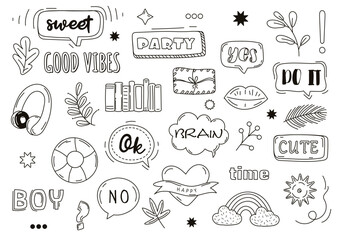 Set of sketch graphic elements. Back in 80s and 90s. Collection of speech bubbles with text. Rainbow and heart, books and envelope. Cartoon flat vector illustrations isolated on white background