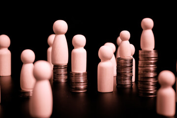 Social inequality, Wooden doll on stack of coins, People with financial, Plan for future
