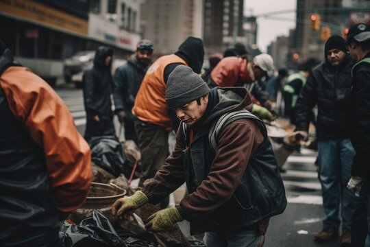 Volunteers cleaning a polluted street