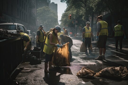 Group of volunteers cleaning the city of garbage 