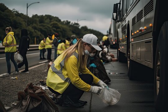 Small group of volunteers picking up the trash on the side of the road