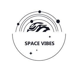 Space vibes minimalist sticker. Stars around planet. template, layout and mockup. Scientific research and travel, astrology and astronomy. Cartoon flat vector illustration