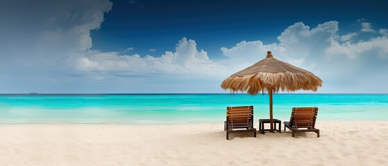 Two empty seats under a palm leaf parasol stand on a sandy beach against the background of beautiful blue sea. Generative AI