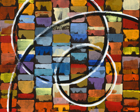 An abstract painting; multicolored paint blobs with overlaid circles.