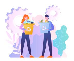 Garbage sorting concept. Man and woman with containers. Sorting and recycling, zero waste concept. Caring for ecology and environment. Volunteers and activists. Cartoon flat vector illustration