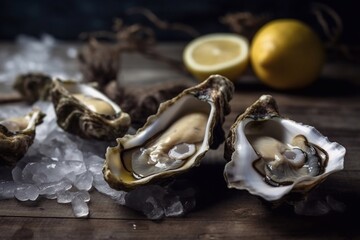 Freshly opened oysters, ready to serve. Generative AI.