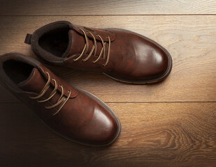 Brown leather boots. Men’s brown ankle boots, isolated on wooden background