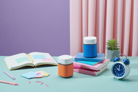 Office desk objects with grid book paper notebook, office