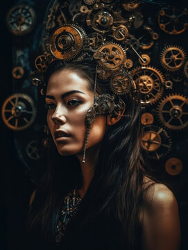 Imaginative portrait of an individual, surrounded by a fantastical clockwork world