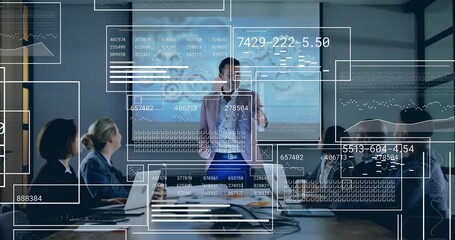 Animation of data processing over diverse business people in office - Powered by Adobe