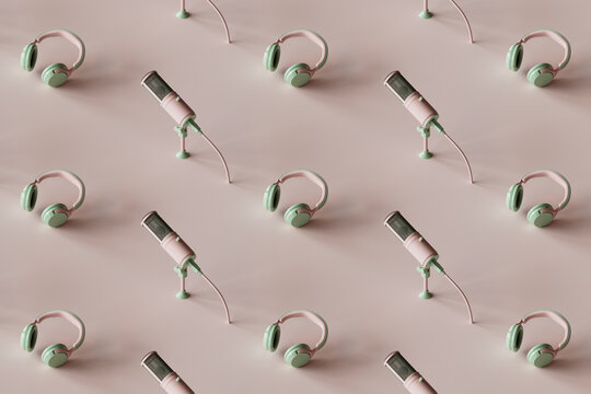 3d render of many microphones and headsets