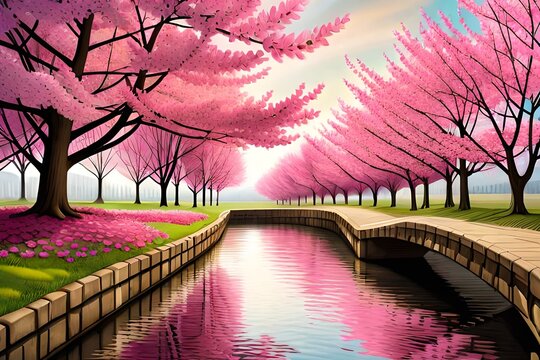 Beautiful landscape with pink cherry blossom trees.