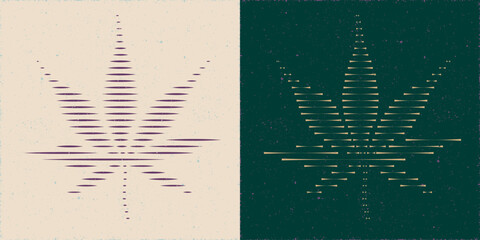 Marijuana or Cannabis Abstract Linocut Style Straight and Inverted Leaves Set Yin Yang Style Composition - Gold Purple and Turquoise on Opposite Background Colours - Vintage Graphic Design