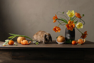 Portrait of brown rabbit with flowers