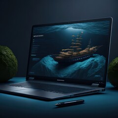 laptop computer with ship on screen