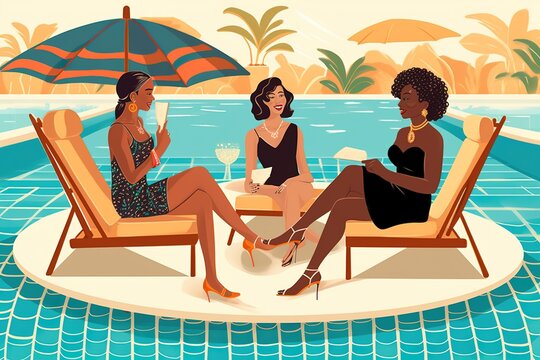 Illustration of a group of three diverse women in are sitting on the edge of a luxurious pool, each wearing a fashionable two-piece swimsuit. Generative AI
