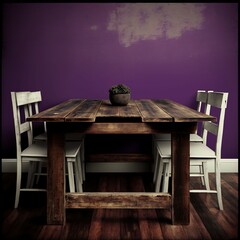 A rustic wooden farm table against a deep purple wall, with a plain white background.