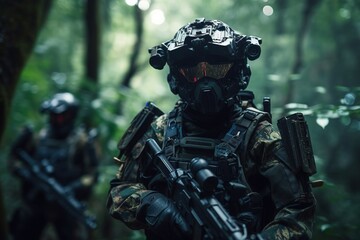 Special Forces Military Unit in full tactical gear , walking in the jungle. Generative AI