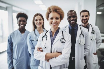 Advertising portrait shot of a doctor team standing together in a hospital and they look at the camera. Generative AI.