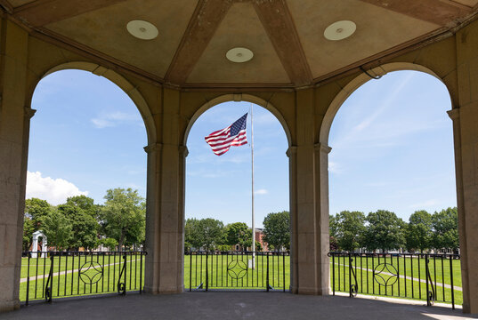 Historic Salem Commons Park town green bandstand with American Flag