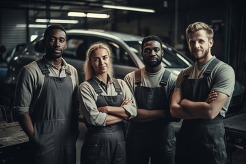 Advertising portrait shot of a mechanic team standing together in the car workshop and they look at the camera. Generative AI.