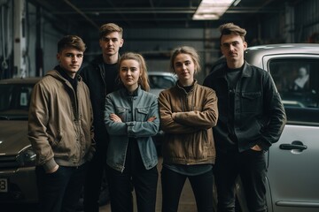 Advertising portrait shot of a mechanic team standing together in the car workshop and they look at the camera. Generative AI.