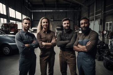 Fototapeta premium Advertising portrait shot of a mechanic team standing together in the car workshop and they look at the camera. Generative AI.