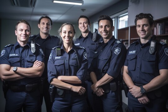 Advertising portrait shot of a Police officer team standing together in the Police station and they look at the camera. Generative AI.