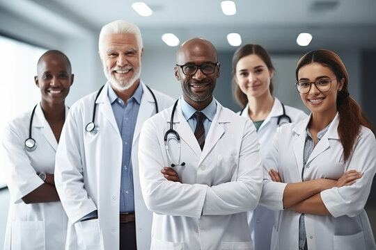 Advertising portrait shot of a doctor team standing together in a hospital and they look at the camera. Generative AI.