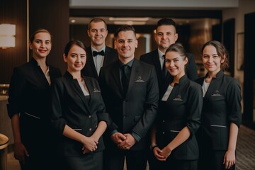 Advertising portrait shot of a hotel staff team standing together in a hotel and they look at the camera. Generative AI. - obrazy, fototapety, plakaty