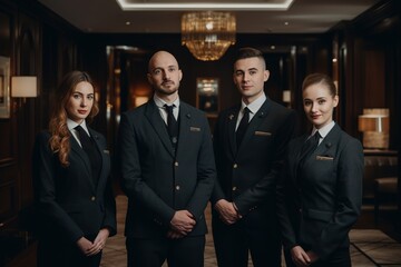 Advertising portrait shot of a hotel staff team standing together in a hotel and they look at the camera. Generative AI. - obrazy, fototapety, plakaty