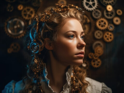 Imaginative portrait of an individual, surrounded by a fantastical clockwork world