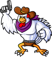 a strong rooster wearing a cowboy costume posing for a warning shot