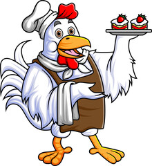 a rooster dressed as a restaurant waiter brings a plate filled with delicious cakes