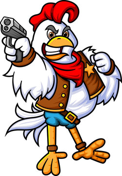 a rooster wearing a cowboy costume as a justice enforcer with a cowboy hat in action with a gun