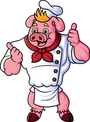 a chubby cartoon pig working as a professional chef, giving a thumbs up