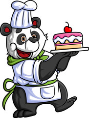 a cute cartoon panda working as a professional chef, carrying a birthday cake